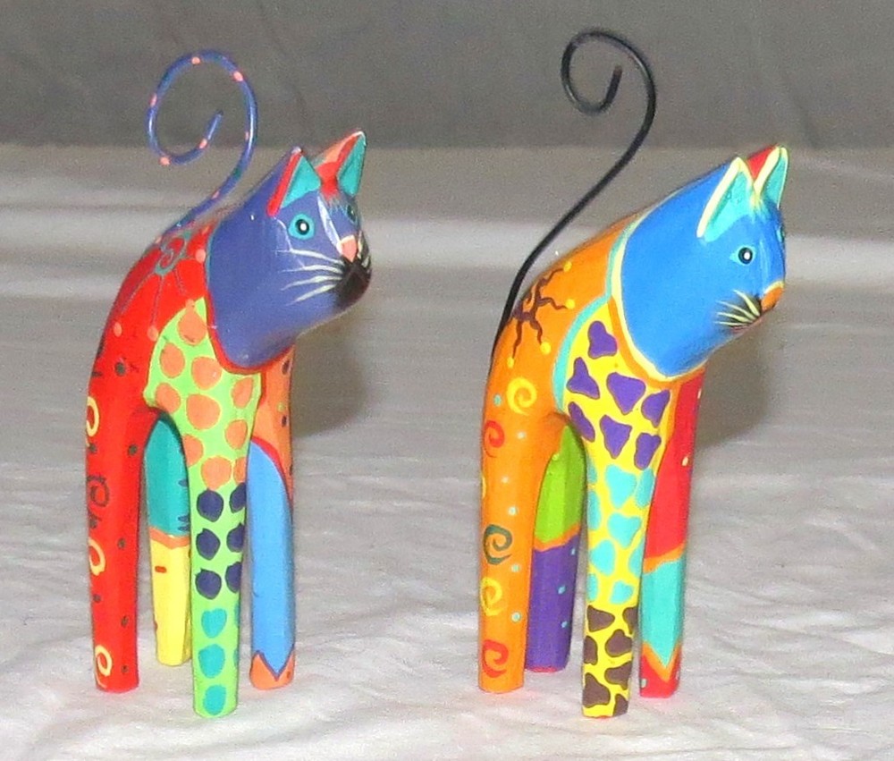 Two Multi-coloured 5 inch Wooden Cats with Wire Tails