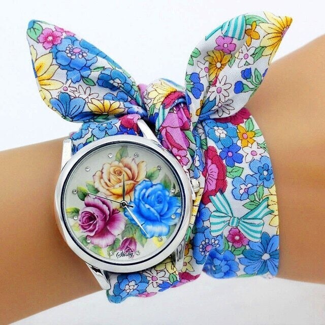 Vibrant Rainbow Rose Watch with Stylish Cloth Tie Band