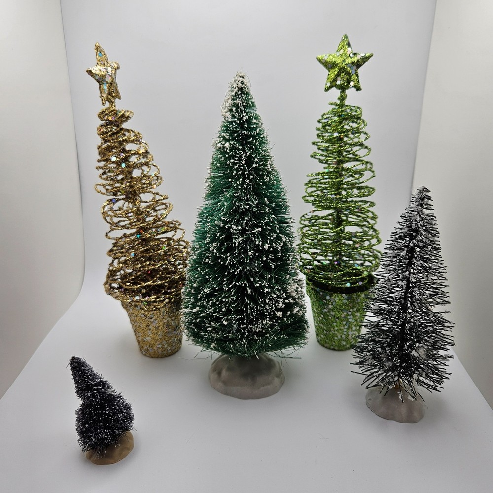Lot of 5 Mini Christmas Trees – Bottle Brush & Glitter Spiral Trees -Village Set