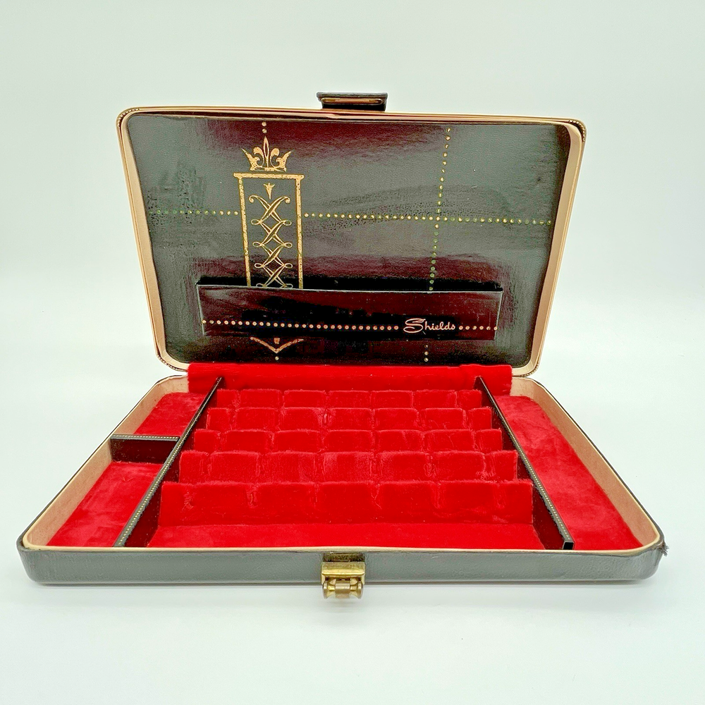 Vintage Mid-Century SHIELDS Men’s Black Leather Cufflink & Tie Clip Box 10x7