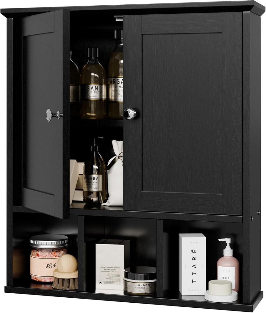 Wall-mounted bathroom cabinet with doors and 3 open shelves