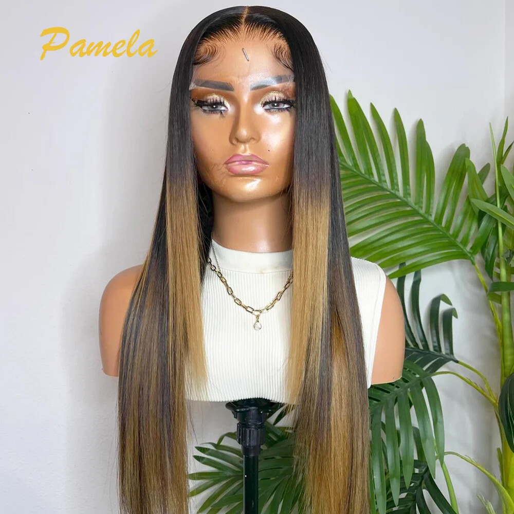 Straight 1B/27 Brazilian Human Hair Lace Front Wig Pre Plucked