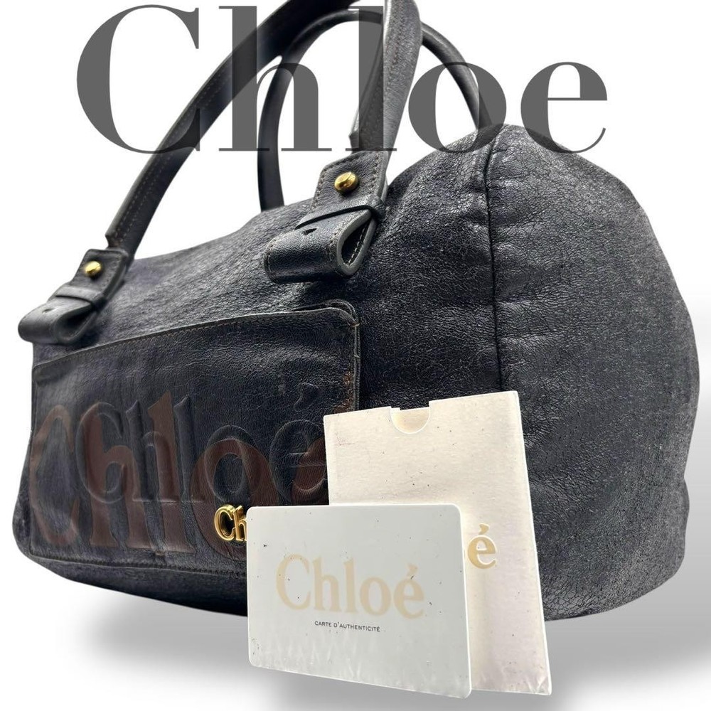 Chloe Women Bag Vintage Tote Boston-Shaped Leather Logo Fittings Black Shoulder