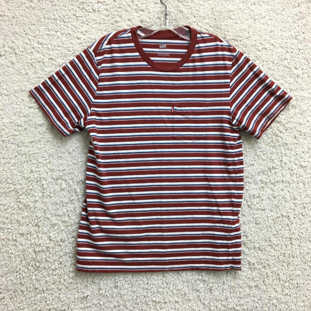 Levis Shirt Medium Adult Red Standard Striped Short Sleeve Casual Pocket Mens M