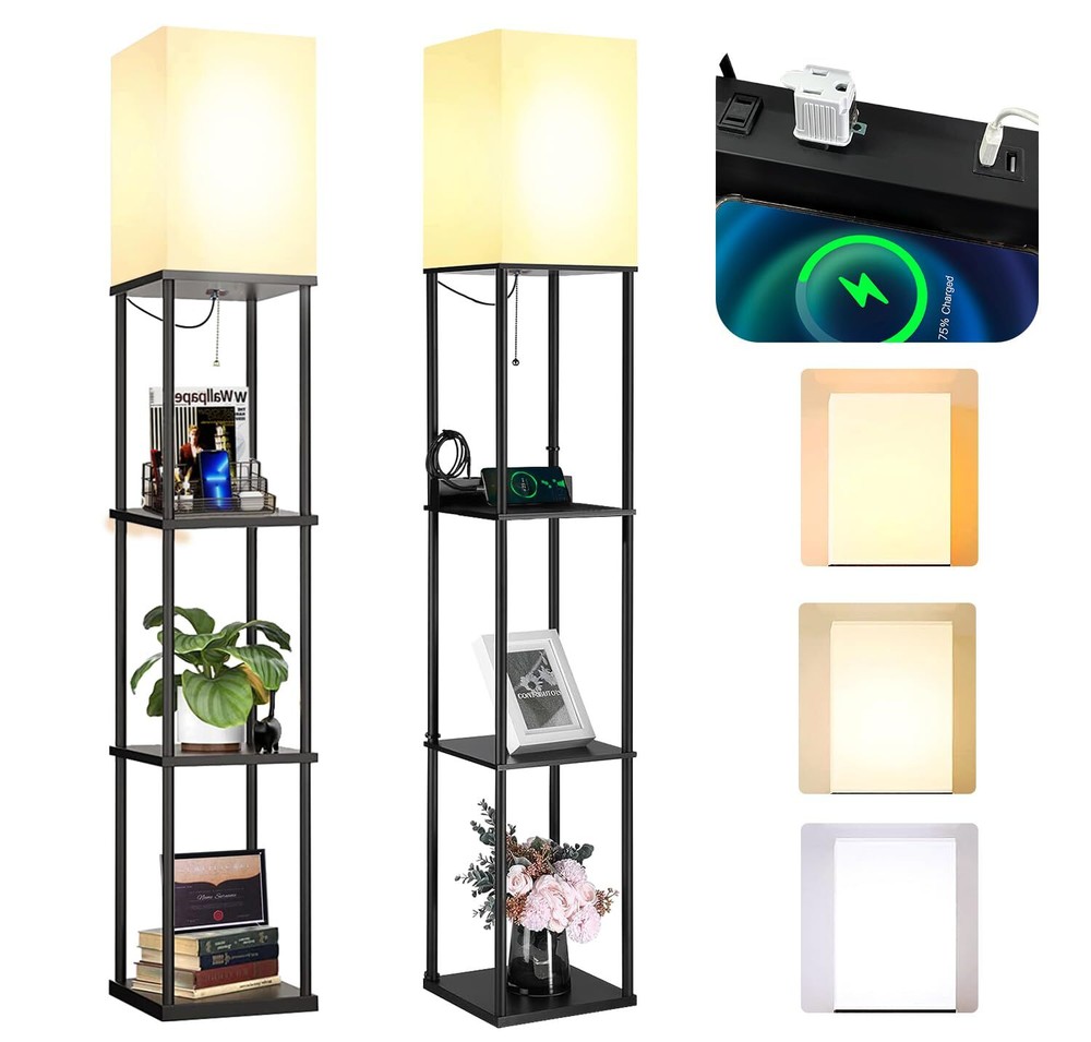 2 Packs Floor Lamp w. Shelves Including 2AC Outlets & 2USB Ports 9W LED Light...