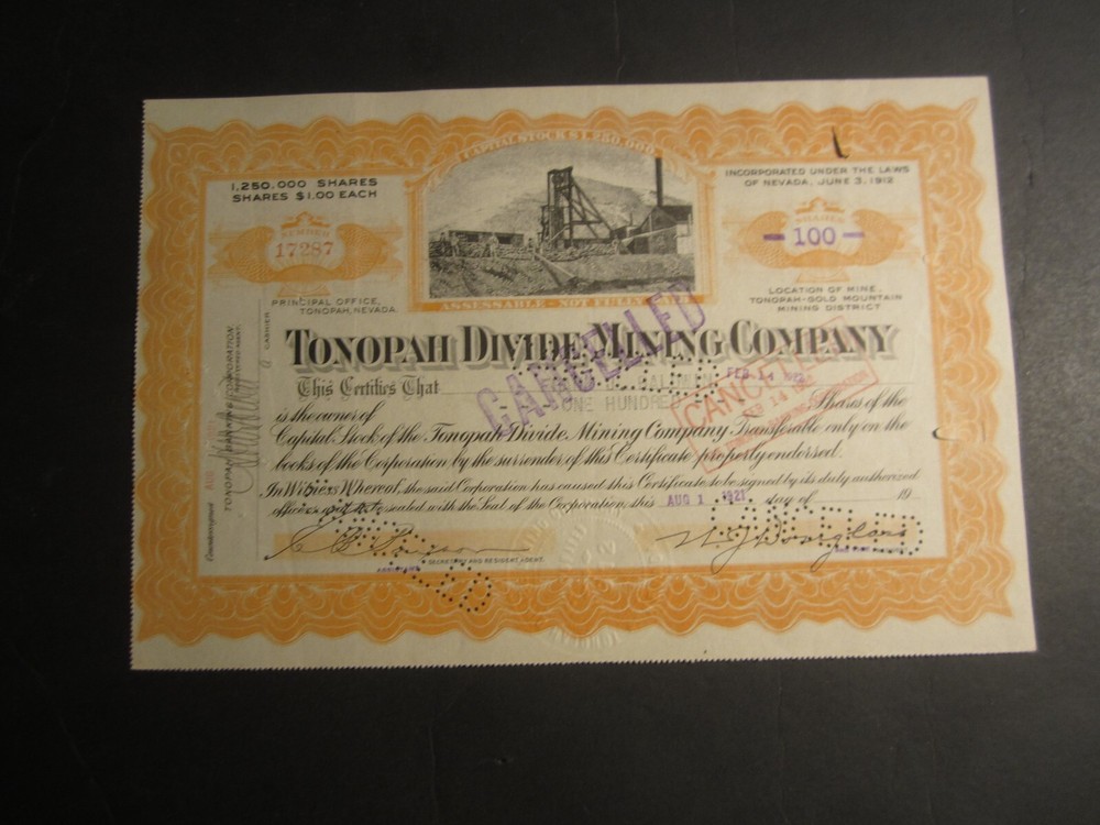 Old Vintage 1921 - TONOPAH DIVIDE MINING Company - Stock Certificate - NEVADA