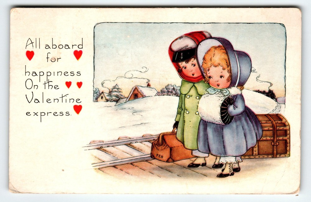 Valentine Postcard Whitney Children Girl Muff Hand Warmer All Aboard Train Track