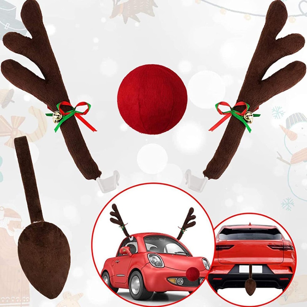 Car Reindeer Antler and Nose Christmas Holiday Jingle Bell Costume Decor Set