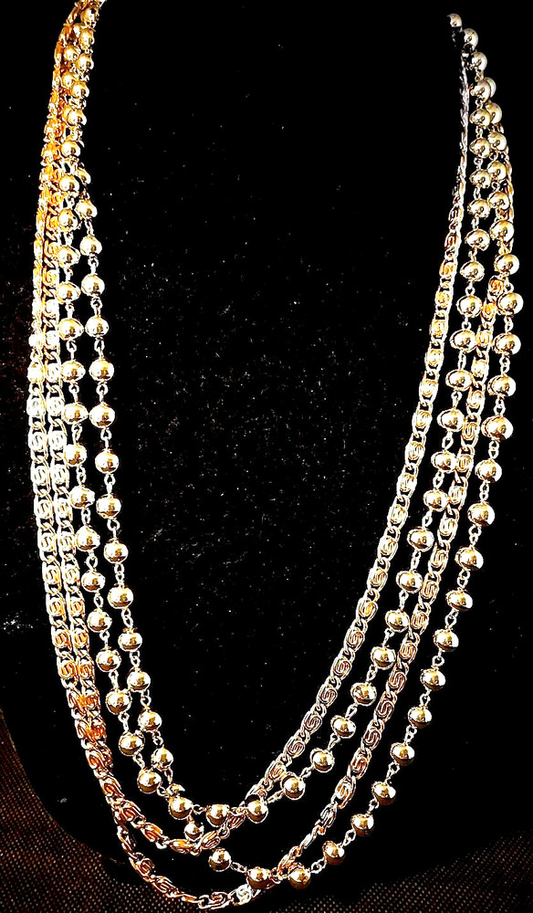 Vintage Coro 4 Strand Layered Chain Necklace Faux Pearls 1960s MCM 30 Inches