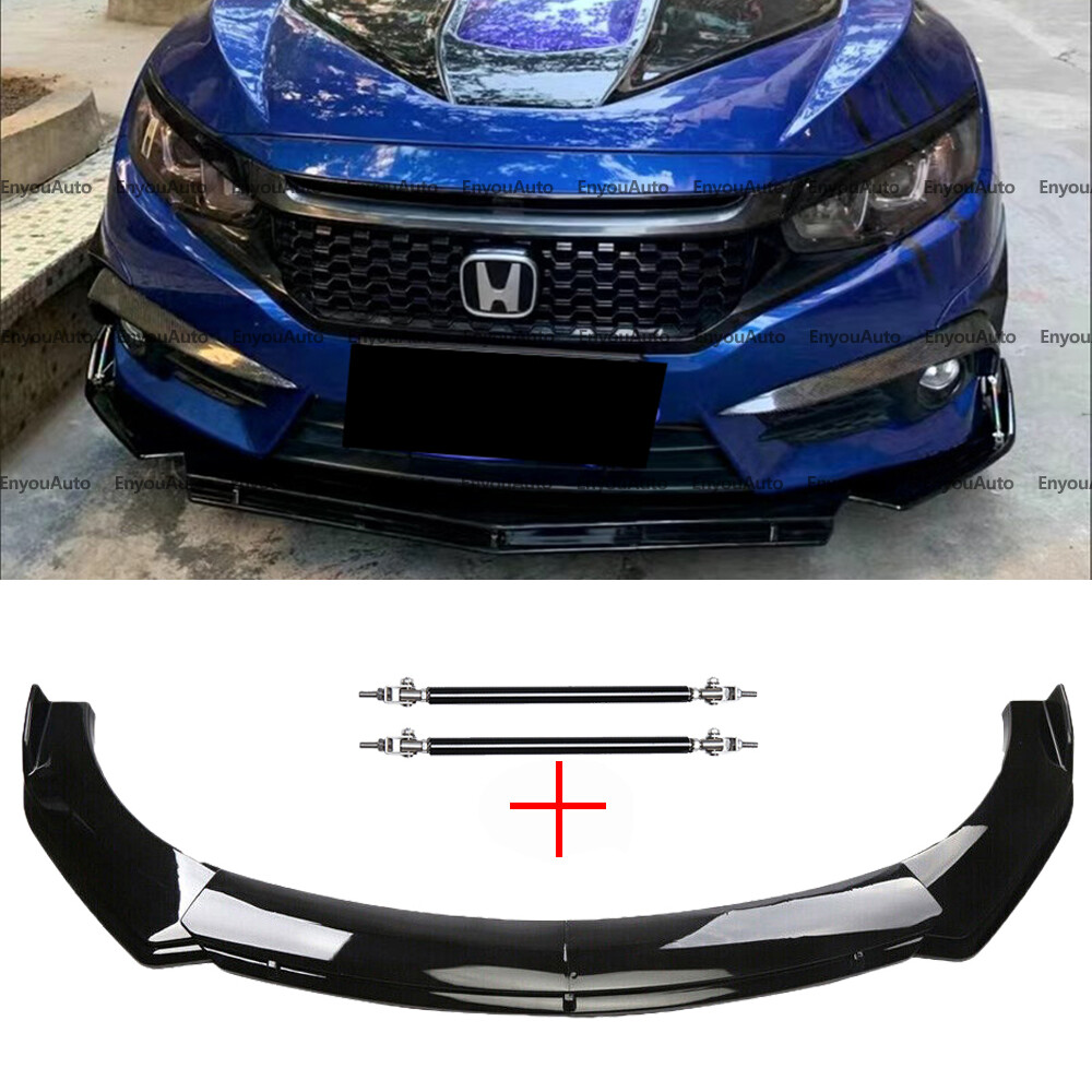 For Honda Civic SI Sedan Coupe Front Bumper Lip Spoiler + Strut Rods Gloss Black