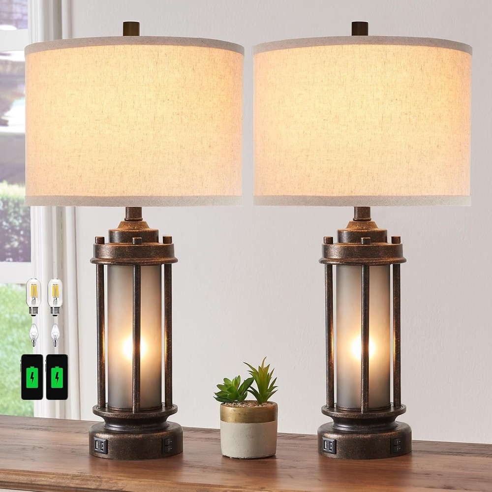 Set of 2 Rustic Bronze Farmhouse Lamps for Living Room or Vintage Bedroom Decor