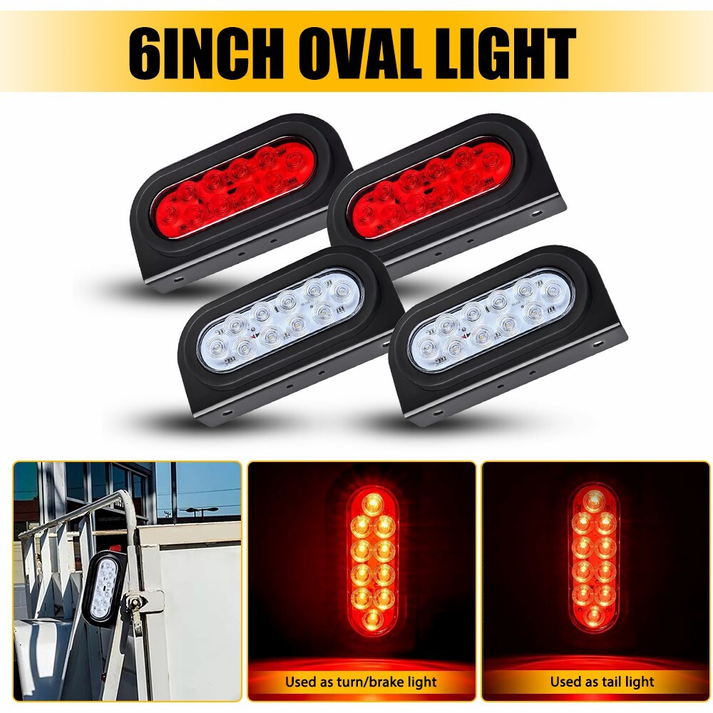 4 Red White 6-Inch Oval LED Trailer Tail Lights with Mounting Bracket