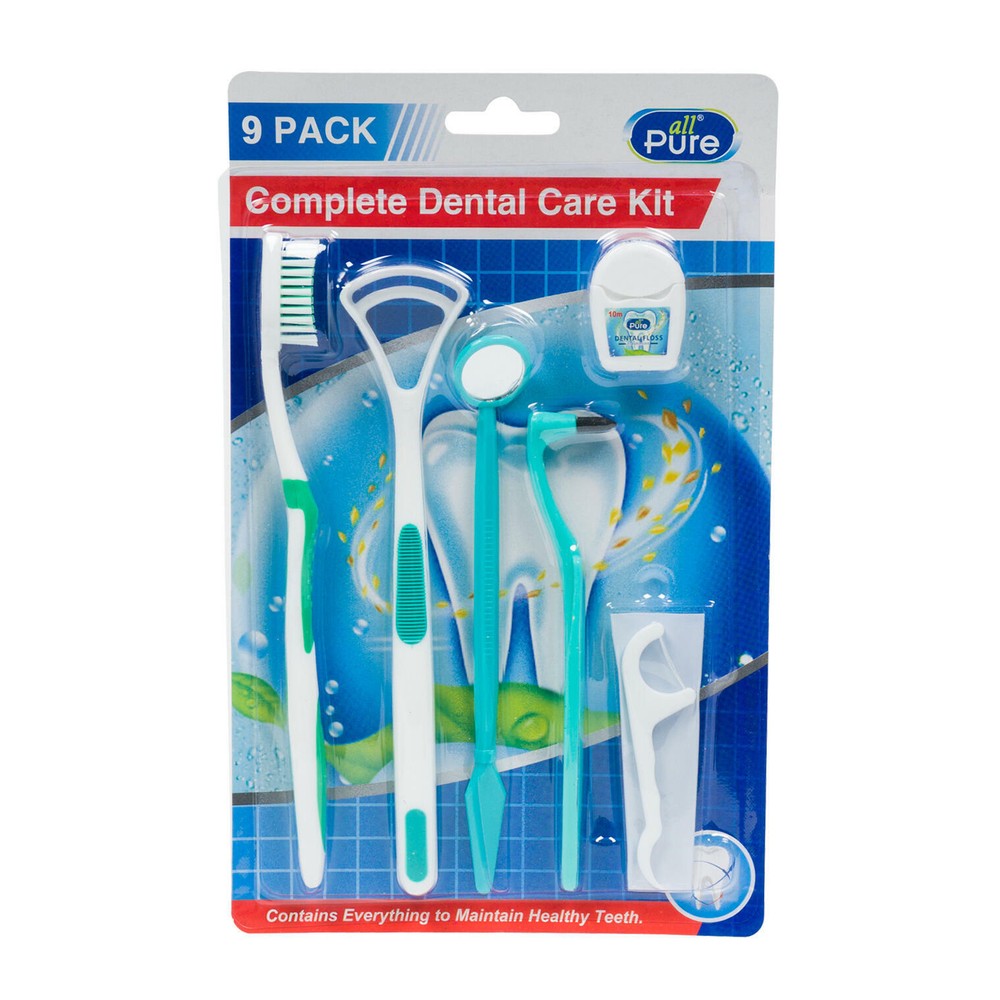 9 Pack Complete Dental Care Kit Toothbrush Floss Mirror Tongue Cleaner