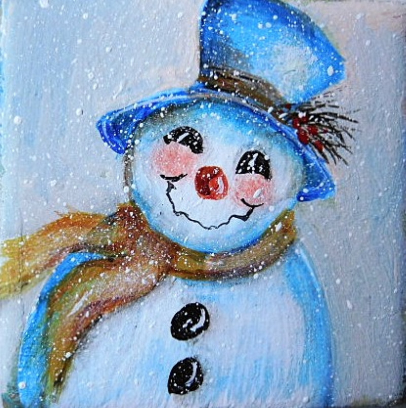 Hand Painted Snowman Blue Hat Ceramic Tile Magnet Art by Rain Crow
