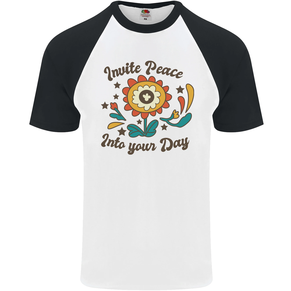 Invite Peace Day Hippy Flower Power Funny Mens S/S Baseball T-Shirt