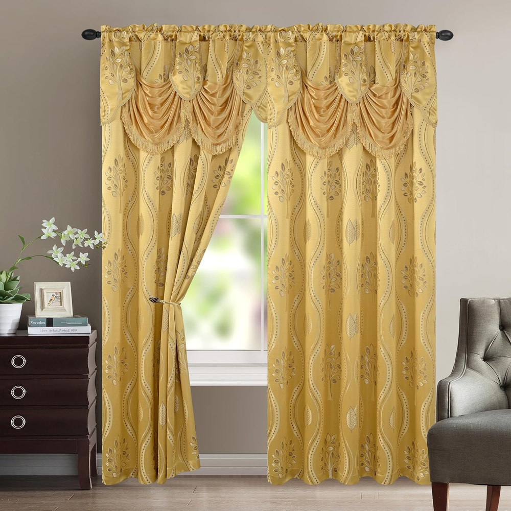 Aurora Jacquard Look Curtain Panel Set with Attached Valance 54