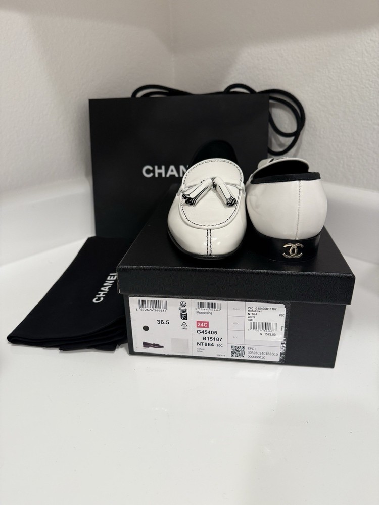 Chanel White Calfskin Moccasins Style G45405B15187 Sz 36.5 C NWB Retail $1575