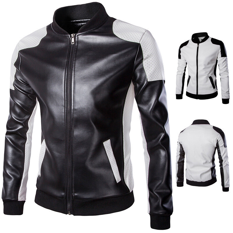Slim Fit Mens PU Leather Coat in White and Black - Soft Breathable Jacket