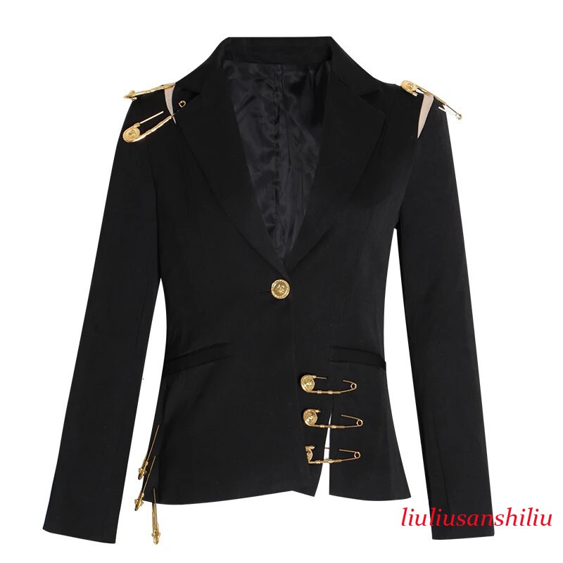 Loose Fit Black Hollow Out Pin Spliced Jacket Blazer New Lapel Long Sleeve Women