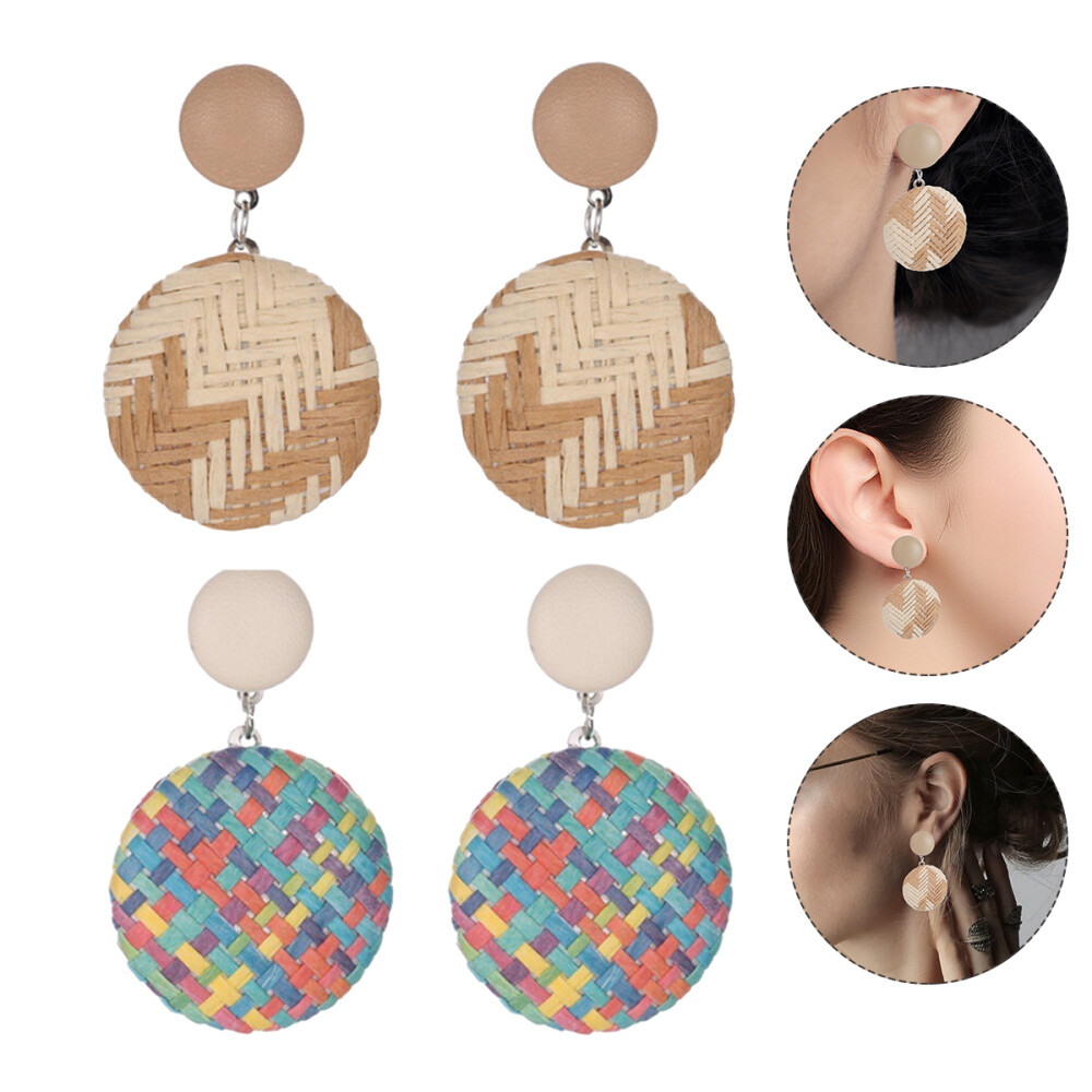 2 Pairs Jewelry for Women Button Woven Straw Earrings Bride Miss