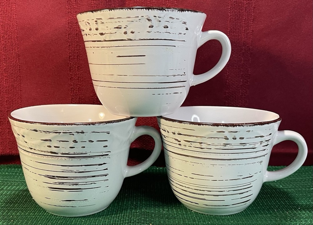 Pfaltzgraff Trellis White Mugs Set of 3 with Birch Wood Look Design