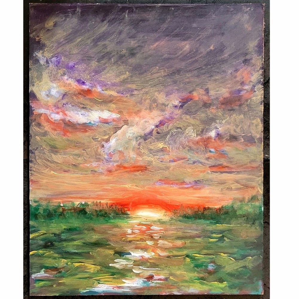 Sunset Oil Painting Landscape Fiery Sky Clouds Art Impressionist US Artist Kravt
