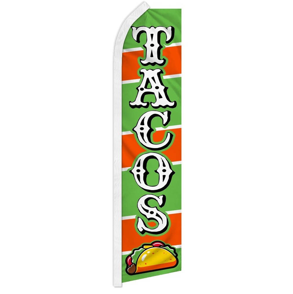 Tacos Advertising Swooper Feather Flag for Concessions and Food Stands - Vibrant Green and Orange Design