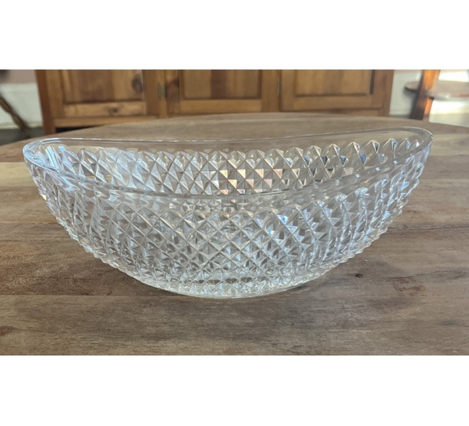 Vintage Cut Glass Diamond Point Oval Center Piece Shaped Fruit Bowl