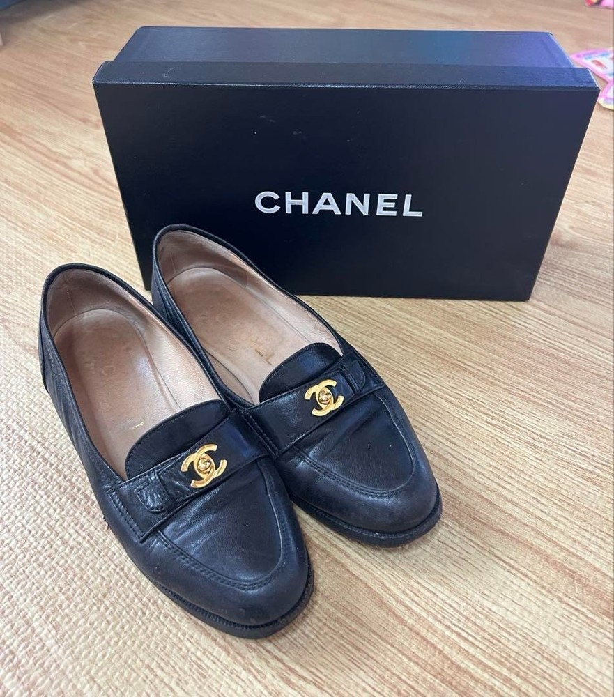 Chanel Black Leather CC Logo Loafers with Original Box