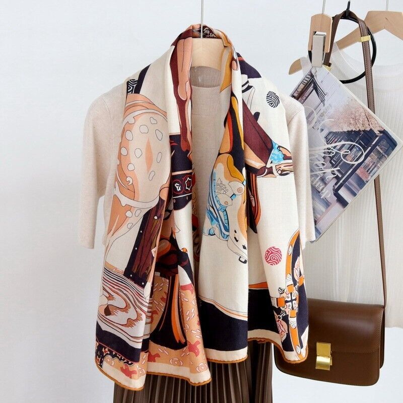 70% Cashmere 30% Silk Double Face Horses Print Square Scarf Shawl 53 Inch