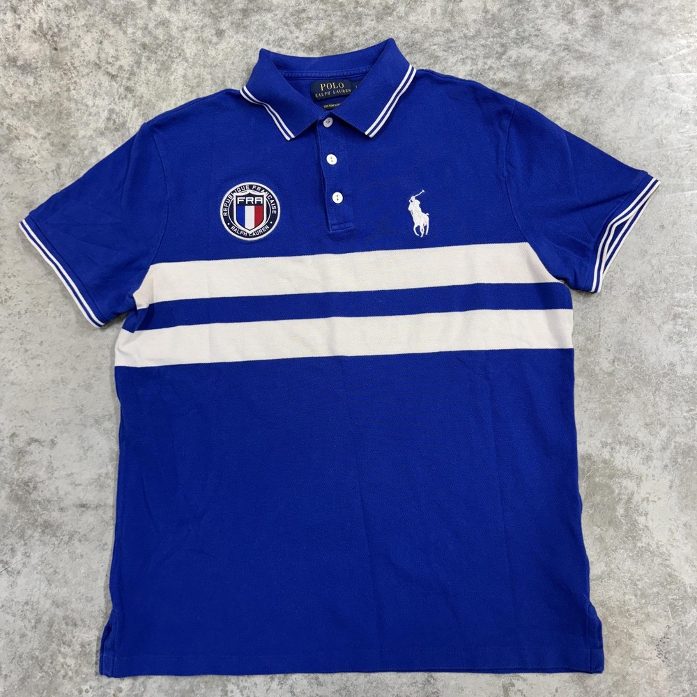 Polo Ralph Lauren Polo Shirt Mens Large Blue White Custom Slim Fit France Rugby