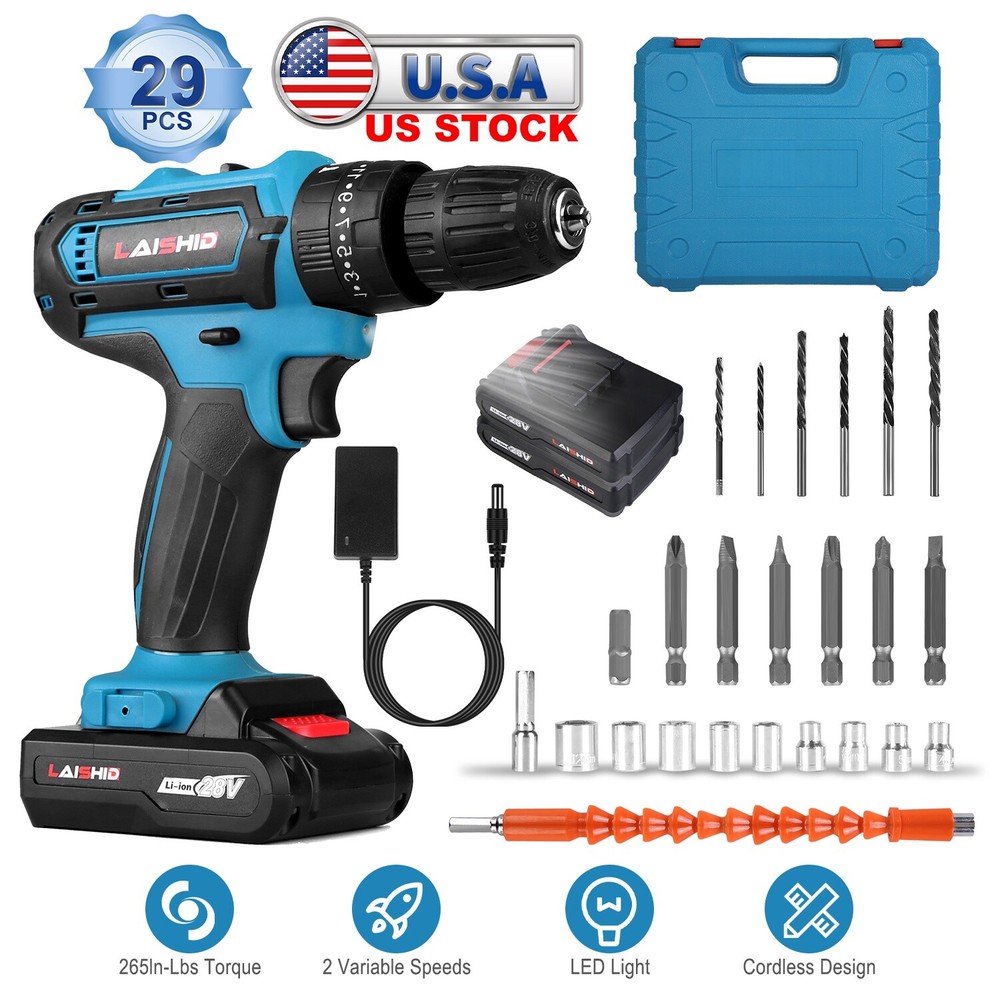 Electric Cordless Impact Driver Hammer Drill Combo Kit with 2 Battery & Charger