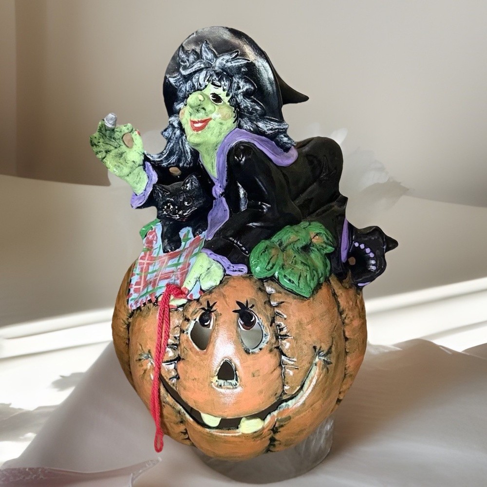 Vintage Halloween Witch On Top Ceramic Pumpkin Large 1990s