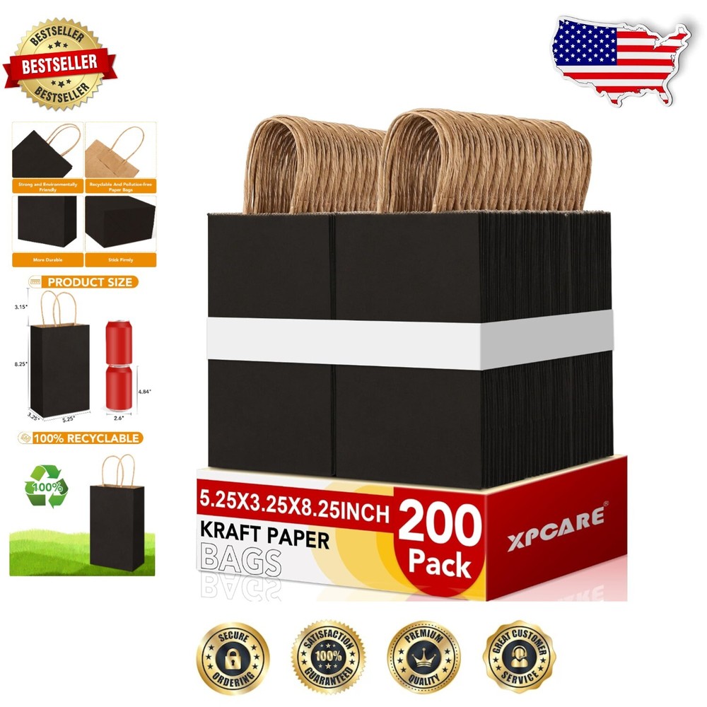 200Pcs Black Eco-Friendly Gift Bags - Durable 5.25x3.25x8.25in Stylish Design