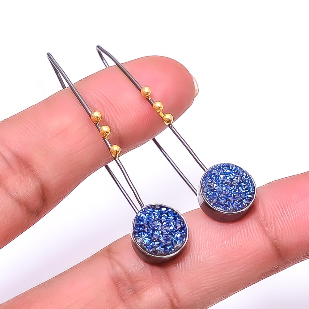 Natural Blue Titanium Agate Drusy 925 Silver Black & Gold Rhodium Earring 1.95