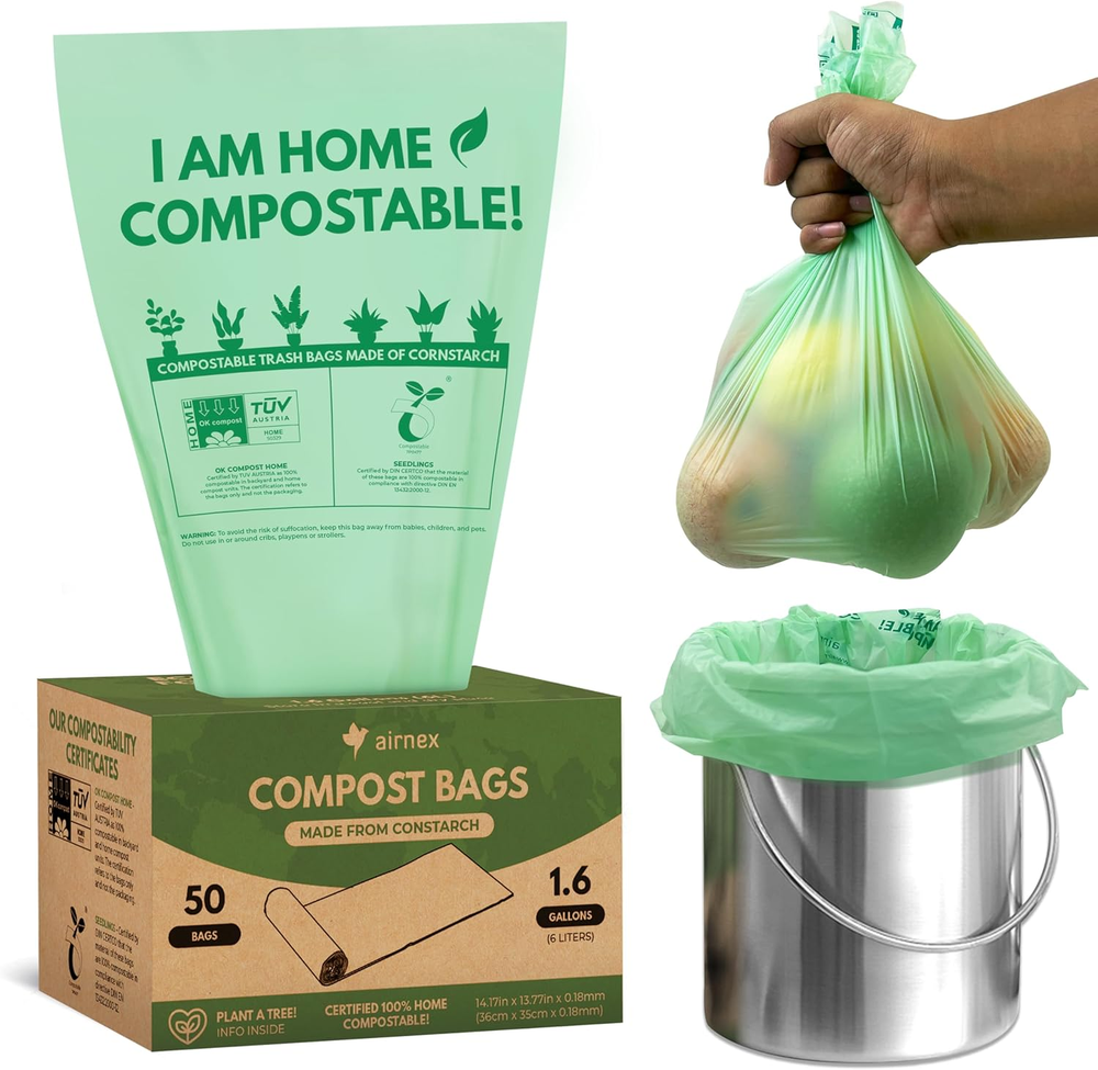 Compostable Trash Bags Small 1.6 Gal - 50 Count Green Compost Bags for Counterto