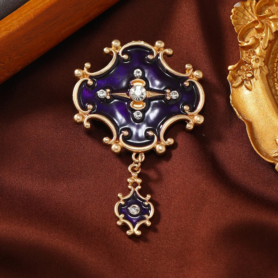 Vintage Enamel Brooch Antique Dark Blue Heavy Industry Rhinestone Accessories