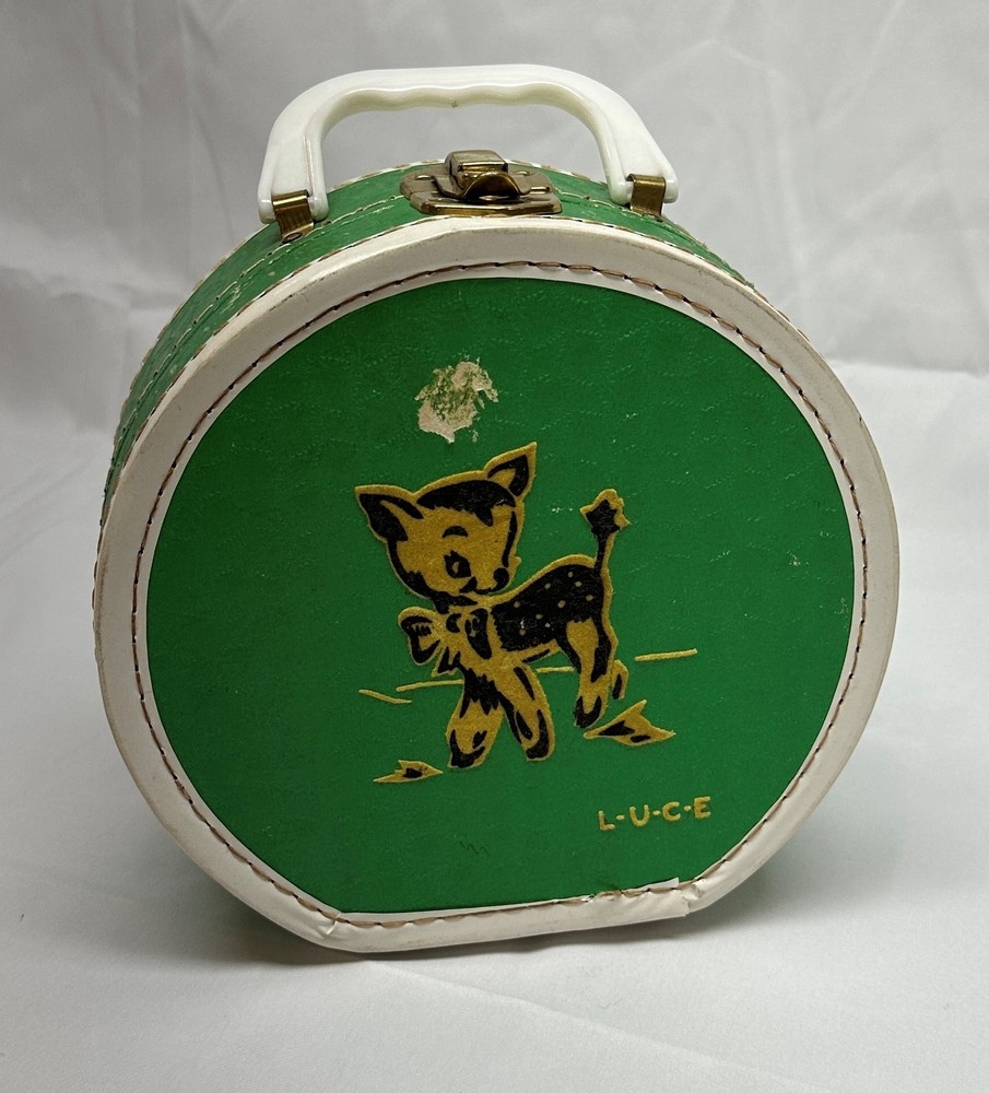 1950s Luce Child's Hat Box Case Green Flocked DISTRESSED Mid-Century Decor