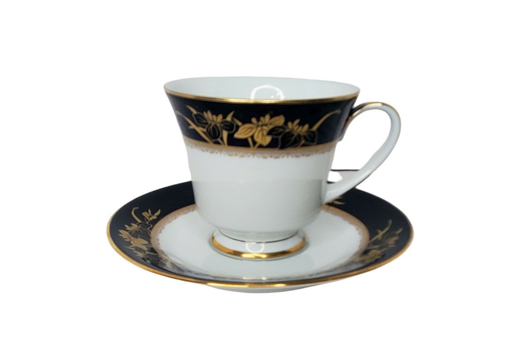 Noritake Legacy Mandalay 3393 Tea Cup and Saucer Set Gold on Cobalt Blue Mint