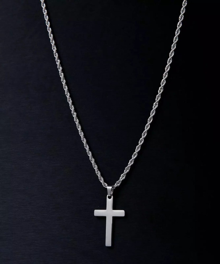 Collar de acero inoxidable con cruz de plata para hombre y mujer