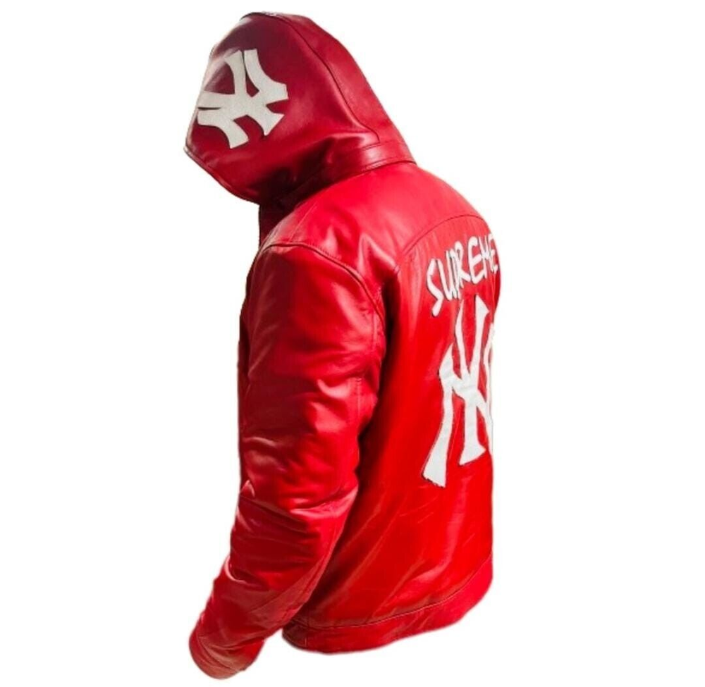NY Letterman Red leather Varsity jacket with removable hooded