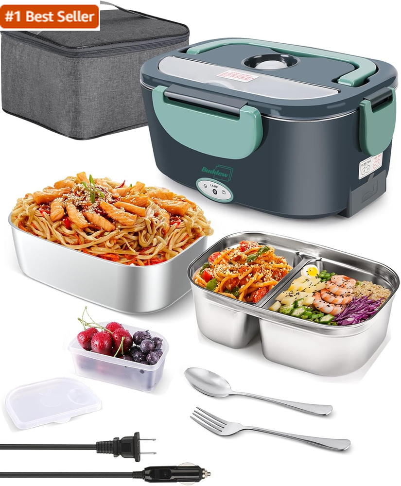 Portable 80W Buddew Electric Lunch Box with Dual Containers for Hot Meals On-The-Go