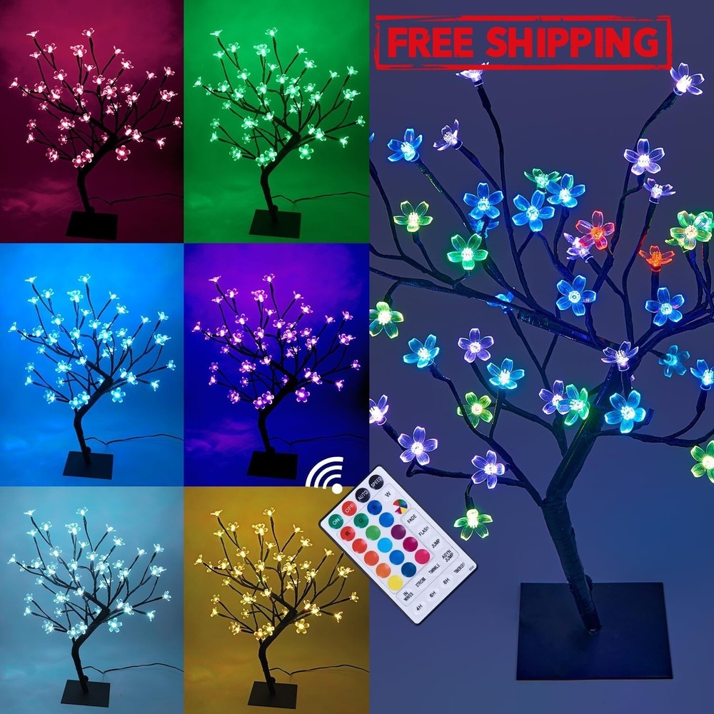 Árbol bonsái de flor de cerezo, 48 luces LED, adaptador de 24 V incluido, US NEW