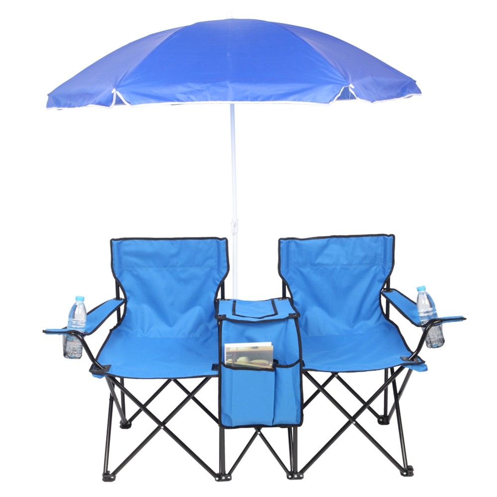 Portable 2-Seat Folding Outdoor Chair with Detachable Blue Sun Umbrella
