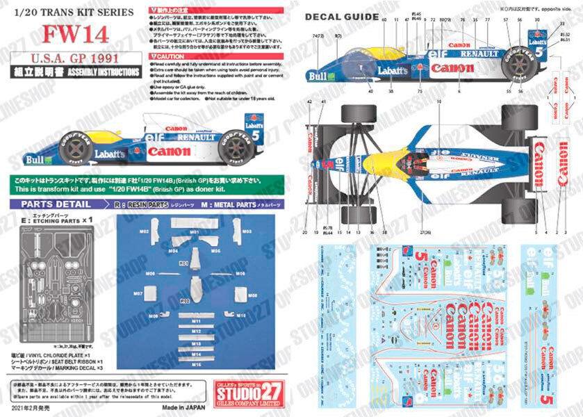 Studio27 1/20 FW14 USA GP 1991 Conversion Kit for Fujimi Models