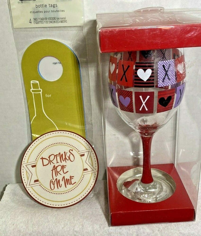 Ladies Valentines Day Gift 3 Set Wine Glass XO Coaster Bottle Tags Moms Wife-image