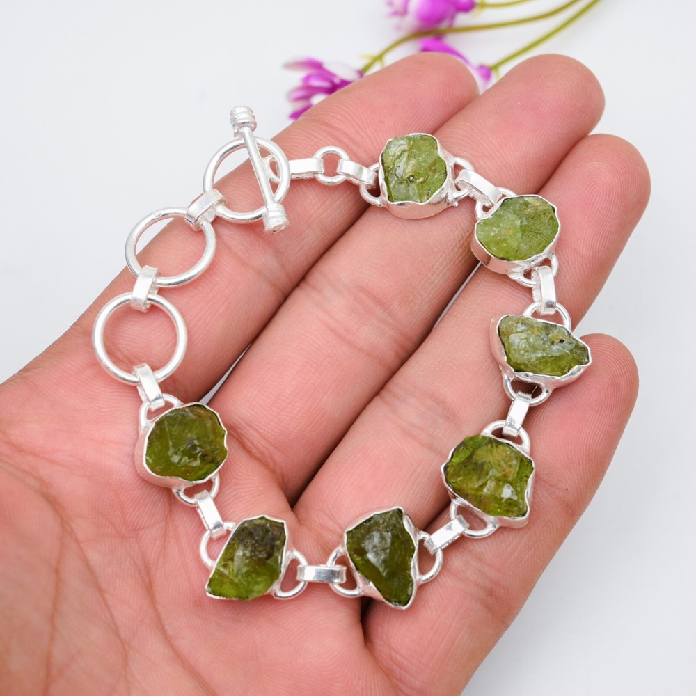 Peridot Raw Gemstone Bracelet in 925 Sterling Silver Handmade Jewelry Gift