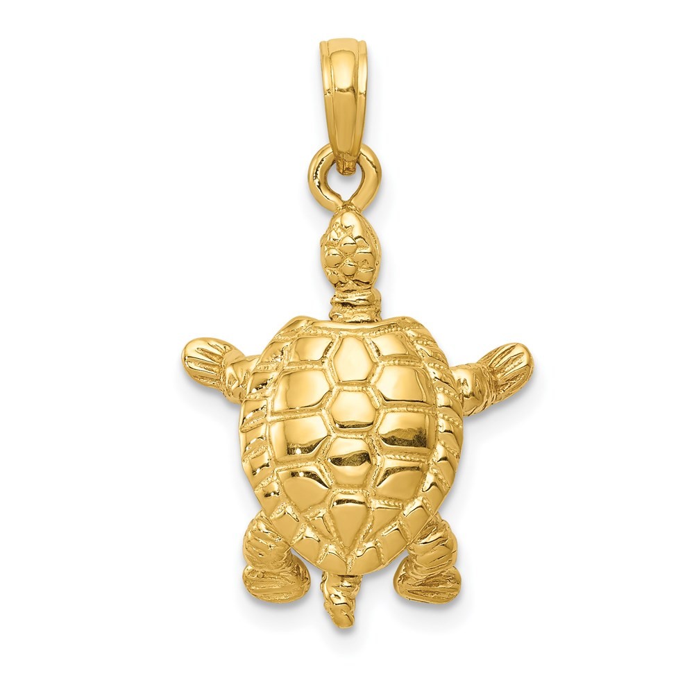 14k Yellow Gold Solid Polished 3-D Turtle with Moveable Head and Legs Pendant