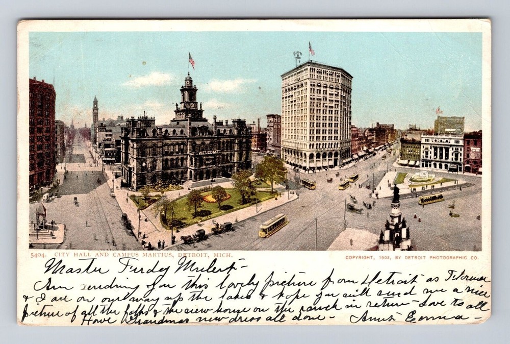 Detroit MI-Michigan, Aerial City Hall And Campus Martius Vintage c1905 Postcard