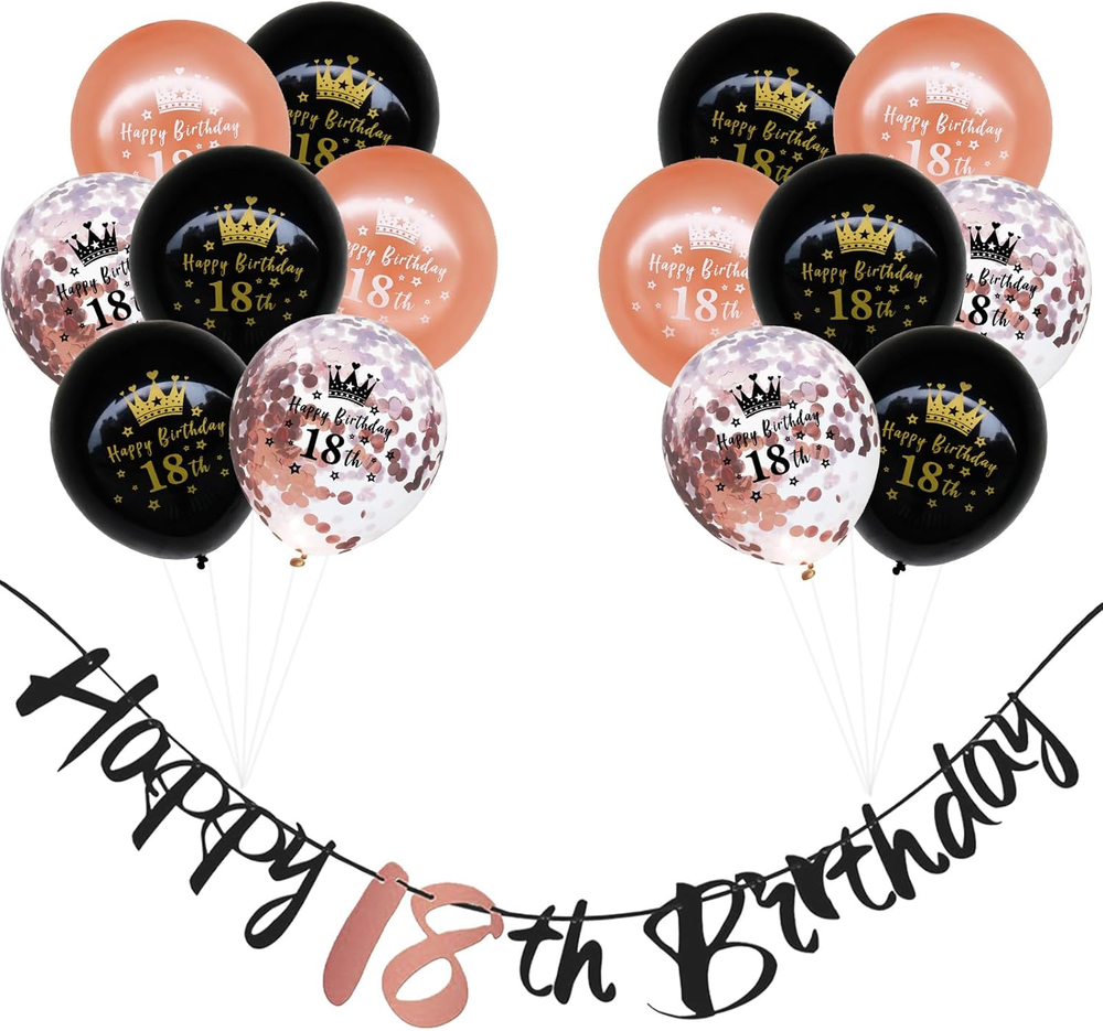 18Th Birthday Decorations for Girls, 16 PCS Black Rosegold Happy 18Th Birthday B